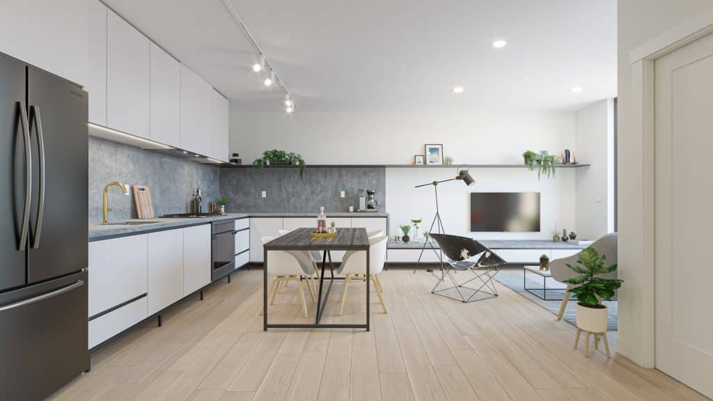 Interior Kitchen and Living Room Rendering 